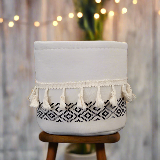 Black and White Tasselled Cotton Plant Pot Cover (14cm)