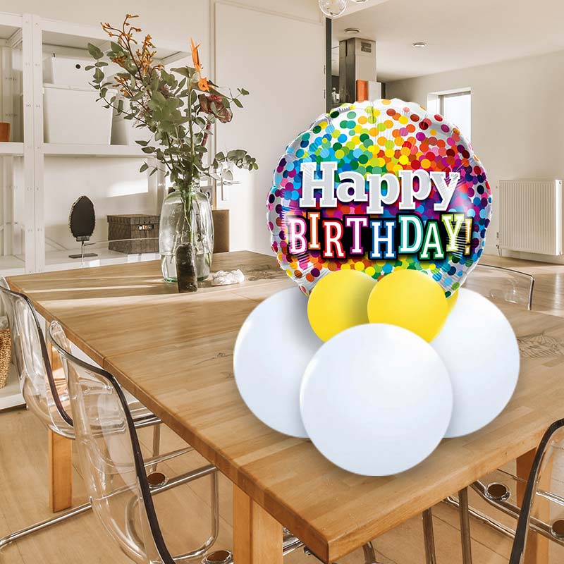 Rainbow Confetti Happy Birthday Balloon Gift Message | Table Decoration - Air Filled Centrepiece | Small Indoor Plants