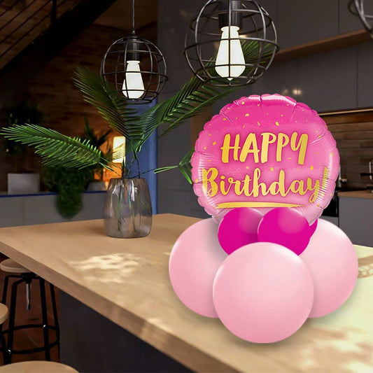 Pink and Gold Happy Birthday Balloon Gift Message | Table Decoration - Air Filled Centrepiece | Small Indoor Plants