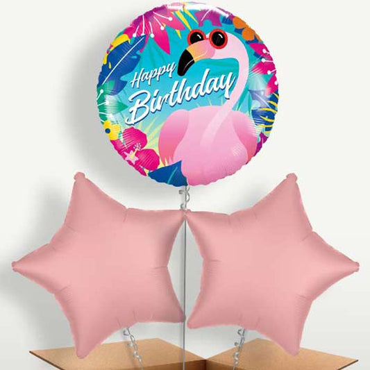 Flamingo Birthday Trio Balloon Bunch inflated with Helium | Small Indoor Plants