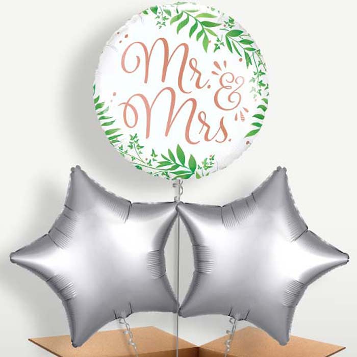 Rose Gold Mr & Mrs Trio Balloon Bunch inflated with Helium | Small Indoor Plants