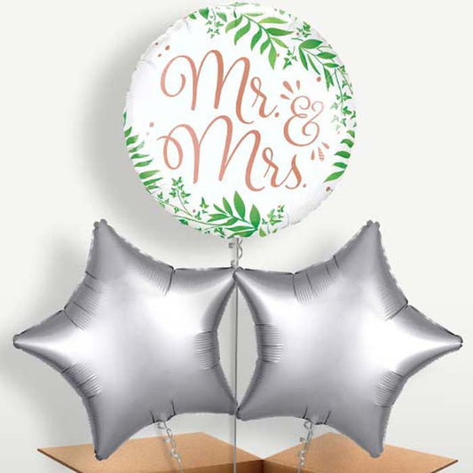 Rose Gold Mr & Mrs Trio Balloon Bunch inflated with Helium | Small Indoor Plants