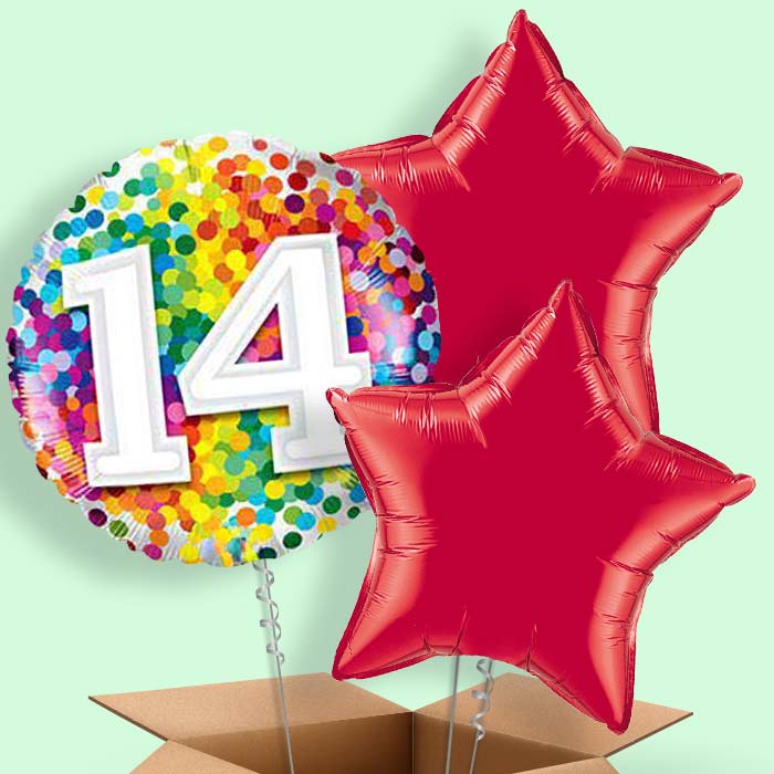 14th Birthday Balloons in a Box - Rainbow Dots