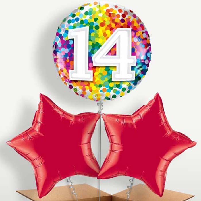 Rainbow Dots 14th Birthday Trio Balloon Bunch | Small Indoor Plants