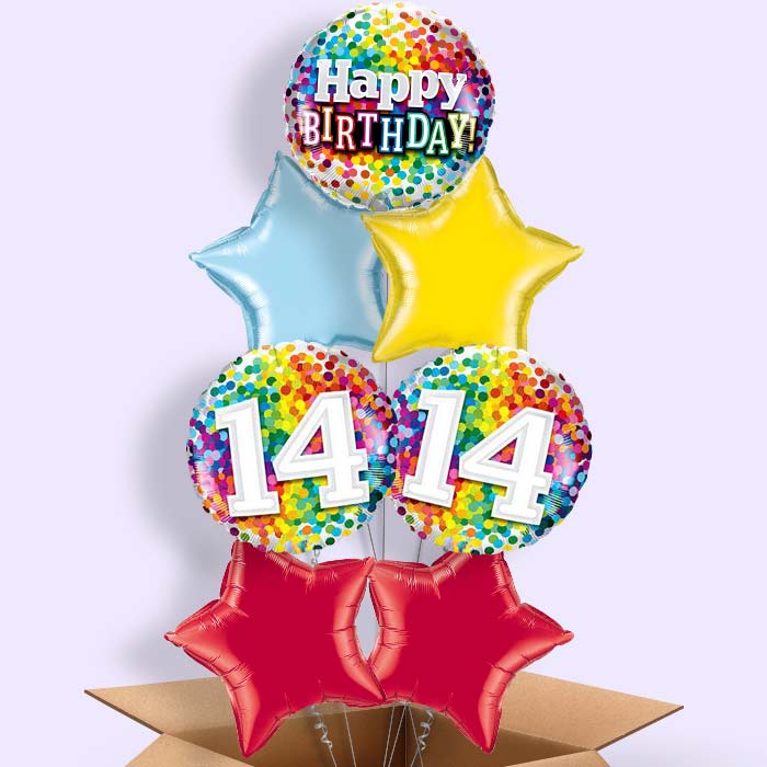 14th Birthday Balloons in a Box - Rainbow Dots