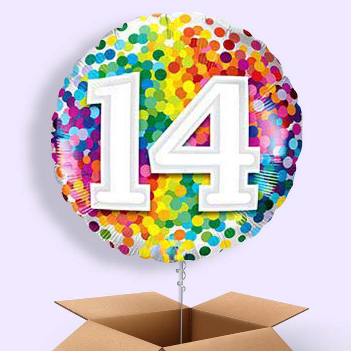 14th Birthday Balloons in a Box - Rainbow Dots