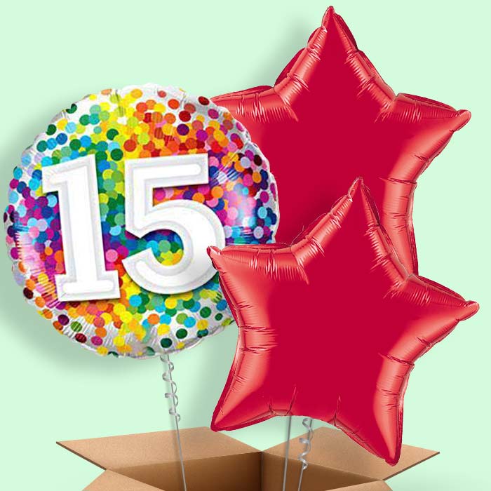 15th Birthday Balloons in a Box - Rainbow Confetti