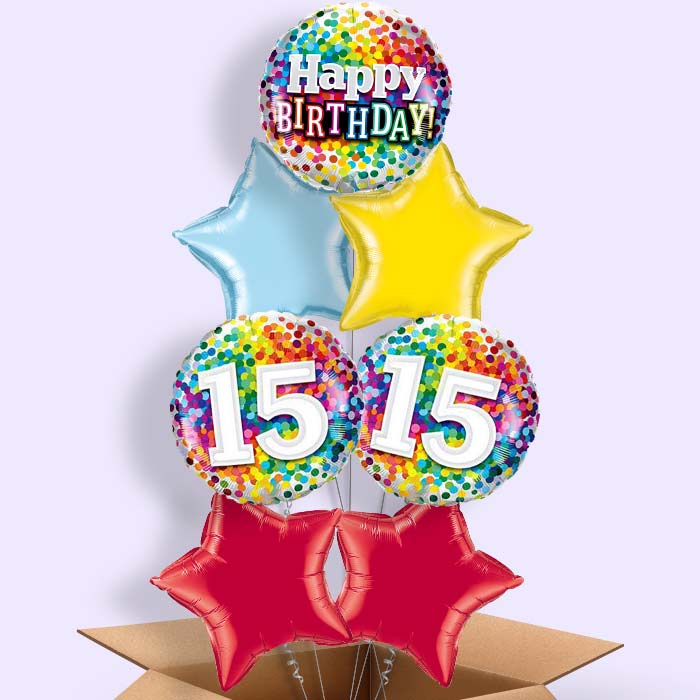 15th Birthday Balloons in a Box - Rainbow Confetti