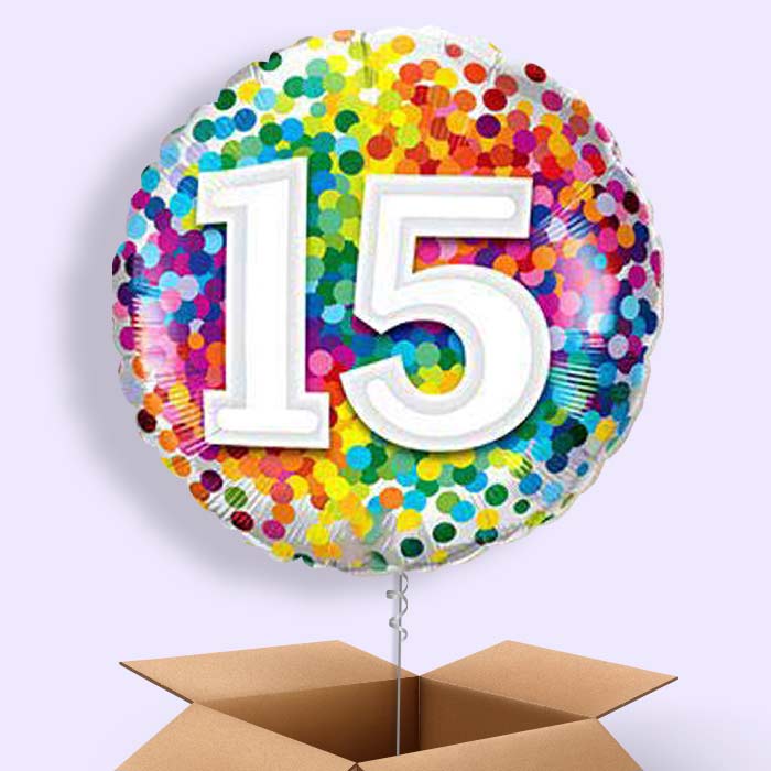 15th Birthday Balloons in a Box - Rainbow Confetti