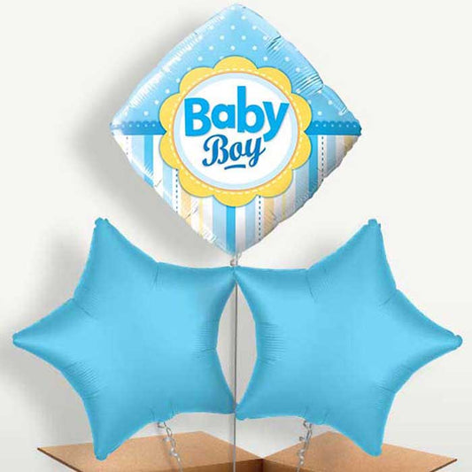 Diamond Baby Boy Trio Balloon Bunch inflated with Helium | Small Indoor Plants