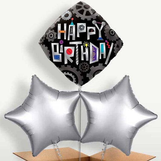 Happy Birthday Robot Cogwheels Balloons in a Bunch | Small Indoor Plants