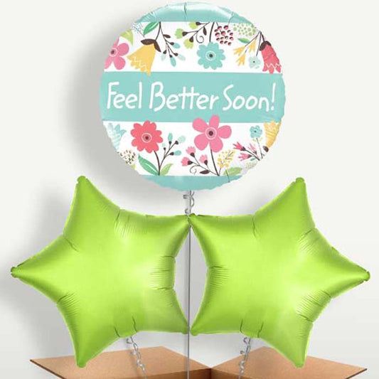 Get Well Soon Floral Trio Balloon Bunch inflated with Helium | Small Indoor Plants