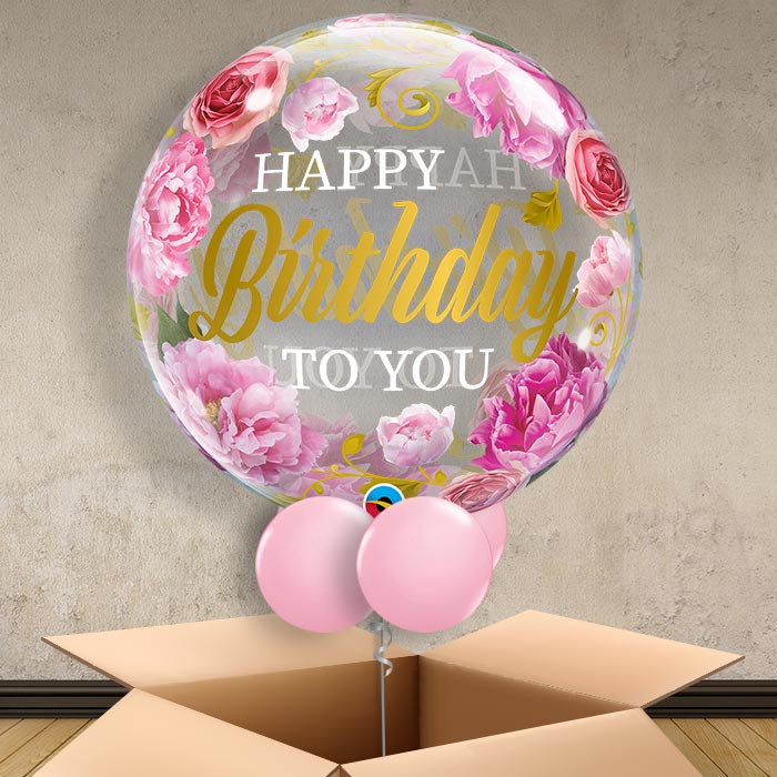 Pink Peonies Birthday Bubble Balloon in a Box