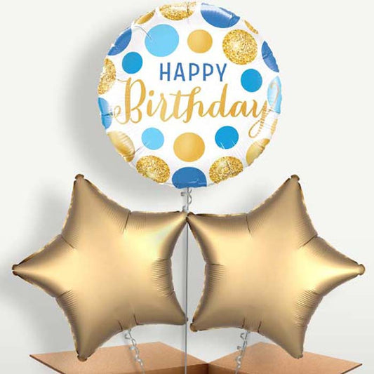 Happy Birthday Blue & Gold Balloons in a Bunch | Small Indoor Plants