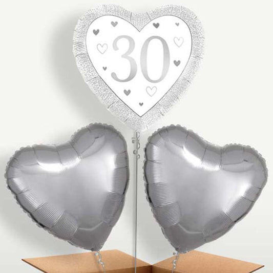 Silver Happy 30th Anniversary Heart Helium Bunch of Balloons | Small Indoor Plants