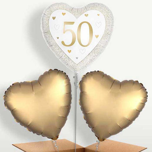 Gold Happy 50th Anniversary Heart Trio Balloon Bunch | Small Indoor Plants