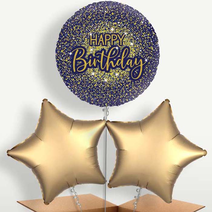 Navy Blue & Gold Glitter Birthday Balloon Bunches | Small Indoor Plants