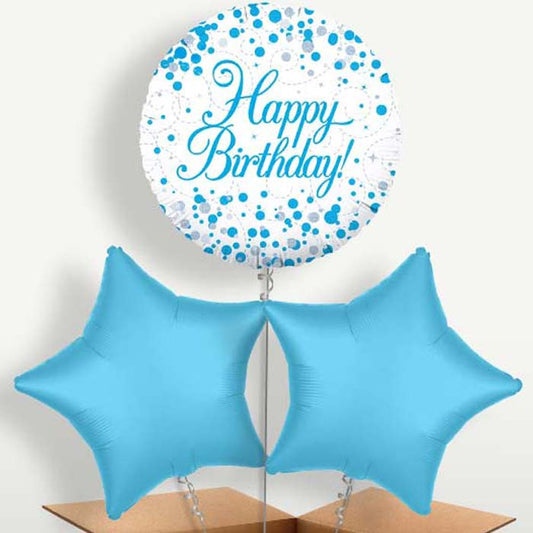 Blue & White Birthday Bunch of Balloons inflated with Helium | Small Indoor Plants