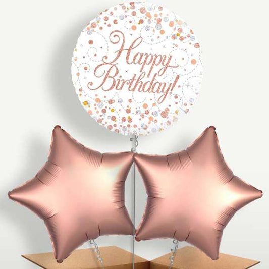 Rose Gold Birthday Trio Balloon Bunch inflated with Helium | Small Indoor Plants