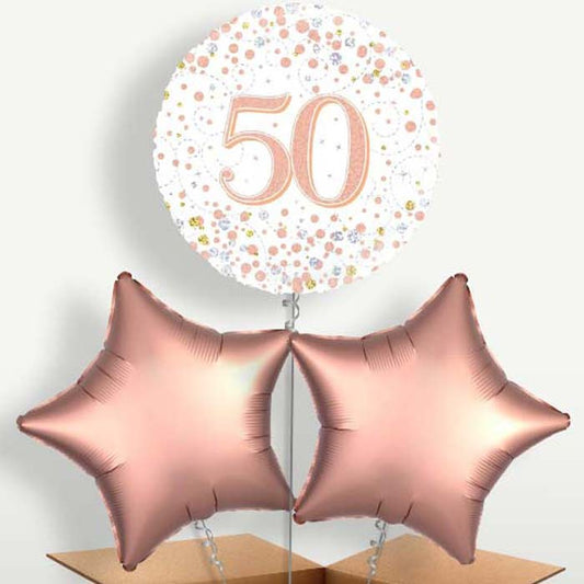 Rose Gold & White 50th Birthday Trio Balloon Bunch | Small Indoor Plants