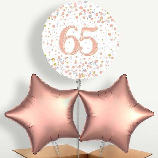 Rose Gold & White 65th Birthday Balloon Bunch | Small Indoor Plants