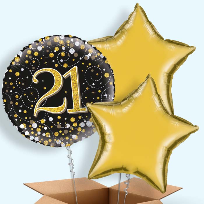 21st Birthday Balloons in a Box - Black Gold