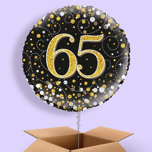 65th Birthday Balloons in a Box - Black Gold