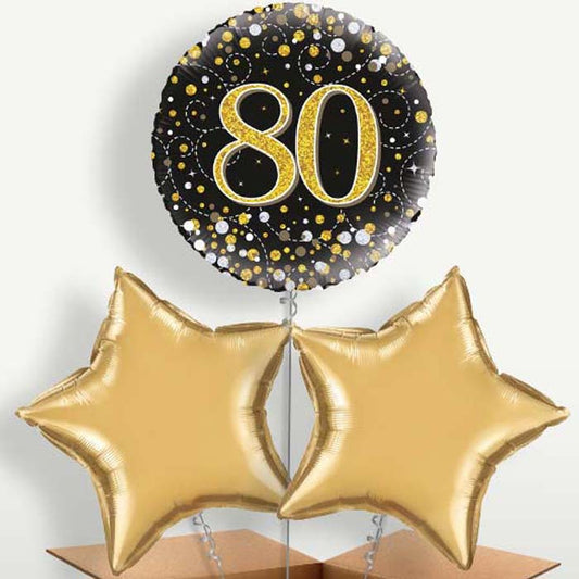 80th Black & Gold Bunch of Balloons inflated with Helium | Small Indoor Plants