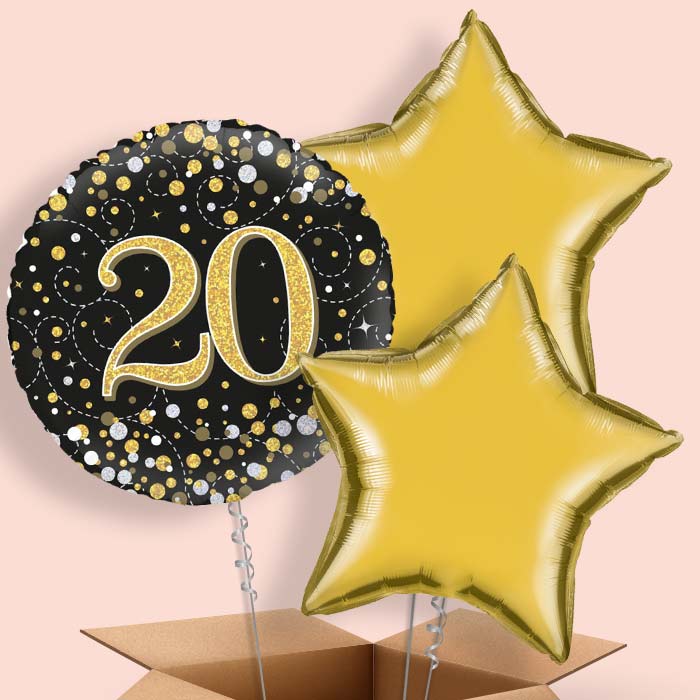 20th Birthday Balloons in a Box - Black Gold