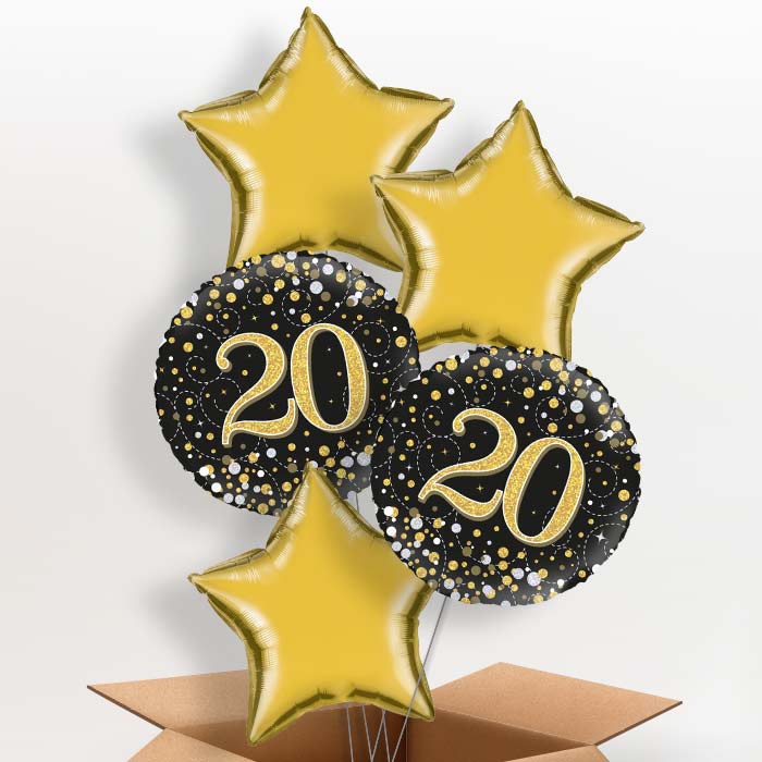 20th Birthday Balloons in a Box - Black Gold