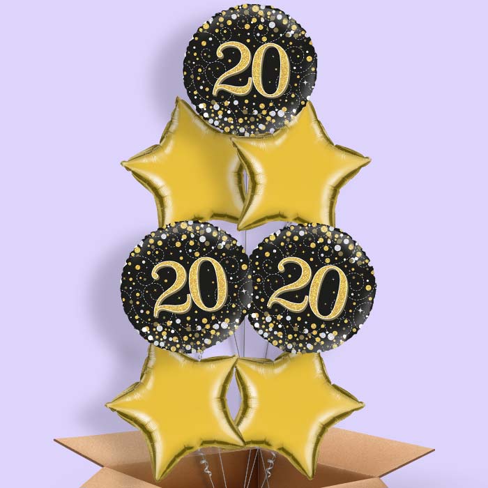 20th Birthday Balloons in a Box - Black Gold