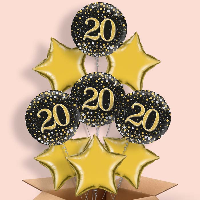 20th Birthday Balloons in a Box - Black Gold