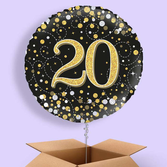 20th Birthday Balloons in a Box - Black Gold