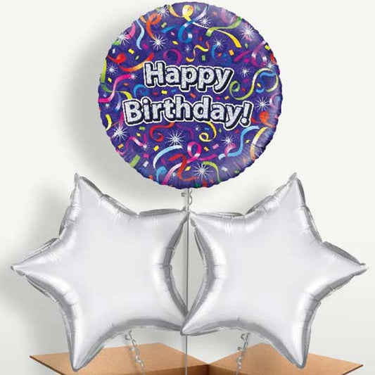 Purple Streamers Happy Birthday Trio Balloon Bunch | Small Indoor Plants