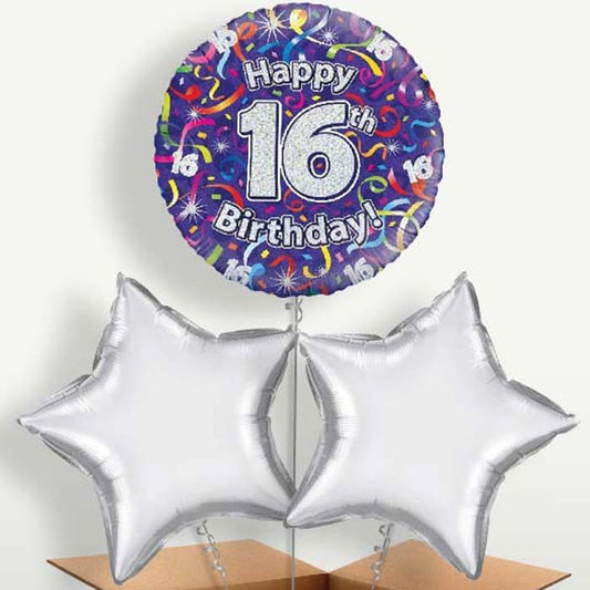 Purple Streamers Happy 16th Birthday Trio Balloon Bunch | Small Indoor Plants