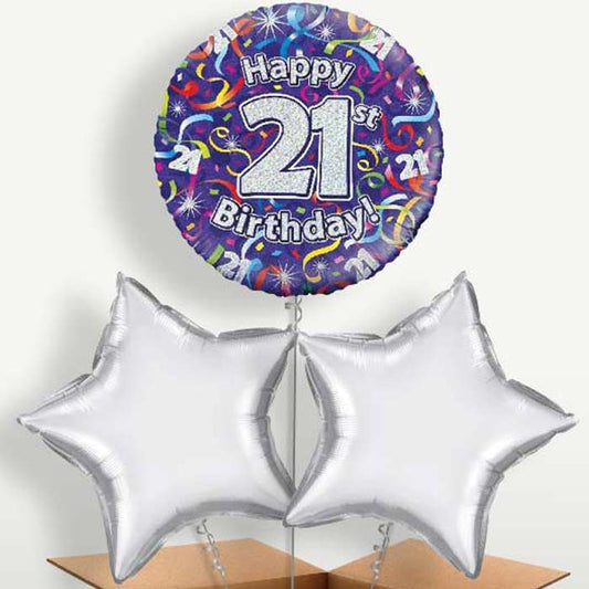 Purple Streamers Happy 21st Birthday Trio Balloon Bunch | Small Indoor Plants