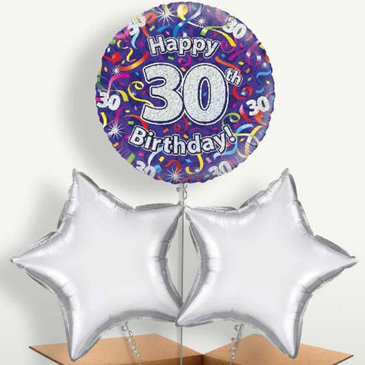 Purple Streamers Happy 30th Birthday Trio Balloon Bunch | Small Indoor Plants