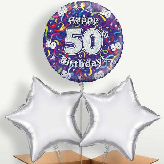 Purple Streamers Happy 50th Birthday Trio Balloon Bunch | Small Indoor Plants