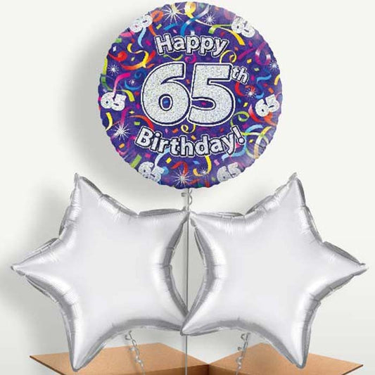 Purple Streamers Happy 65th Birthday Trio Balloon Bunch | Small Indoor Plants