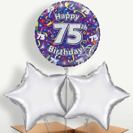 Purple Streamers Happy 75th Birthday Trio Balloon Bunch | Small Indoor Plants
