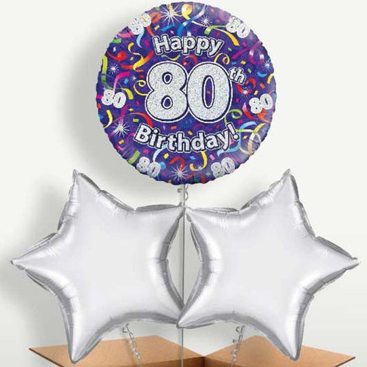 Purple Streamers Happy 80th Birthday Trio Balloon Bunch | Small Indoor Plants