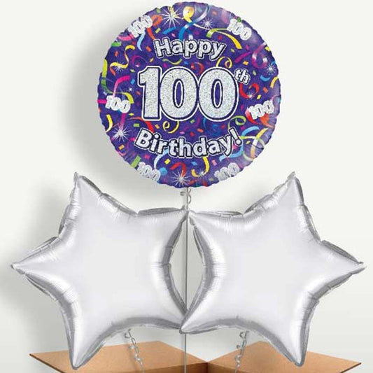 Purple Streamers Happy 100th Birthday Trio Balloon Bunch | Small Indoor Plants
