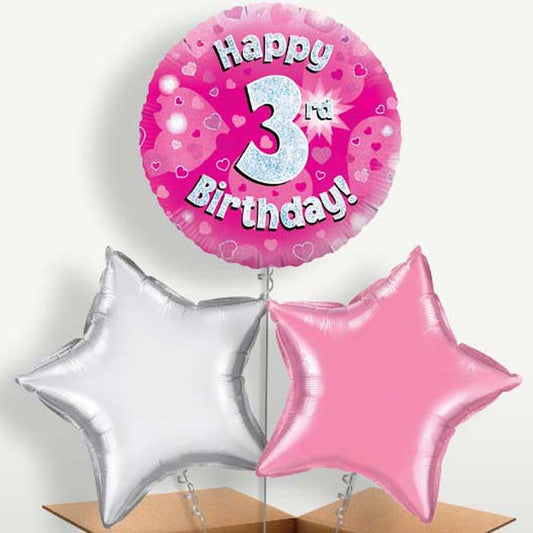 Happy 3rd Birthday Pink Hearts Trio Balloon Bunch | Small Indoor Plants