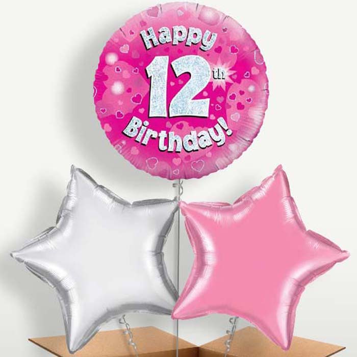 Pink 12th Birthday Balloon Bunch inflated with Helium | Small Indoor Plants