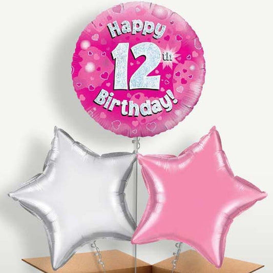 Pink 12th Birthday Balloon Bunch inflated with Helium | Small Indoor Plants