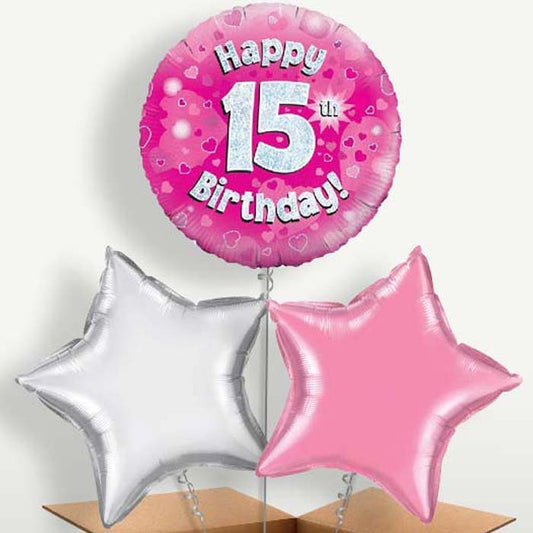 Happy 15th Birthday Pink Hearts Trio Balloon Bunch | Small Indoor Plants