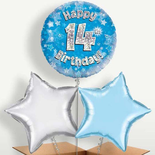 Blue 14th Birthday Bunch of Balloons inflated with Helium | Small Indoor Plants