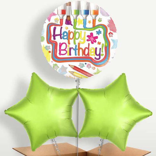 Happy Birthday Art Balloons in a Bunch Inflated with Helium | Small Indoor Plants