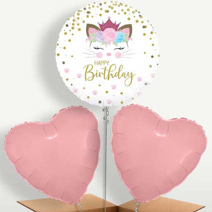 Floral Kitten Happy Birthday Trio Balloon Bunch | Small Indoor Plants