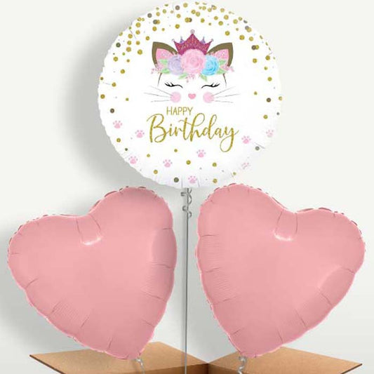 Floral Kitten Happy Birthday Trio Balloon Bunch | Small Indoor Plants
